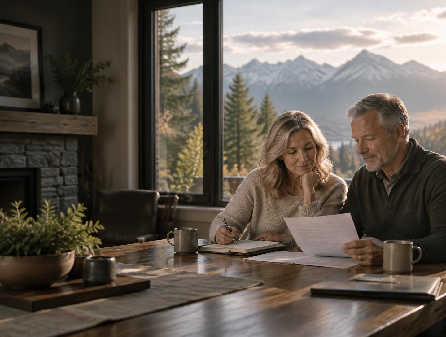 A couple reviewing planning notes together at a table by a window