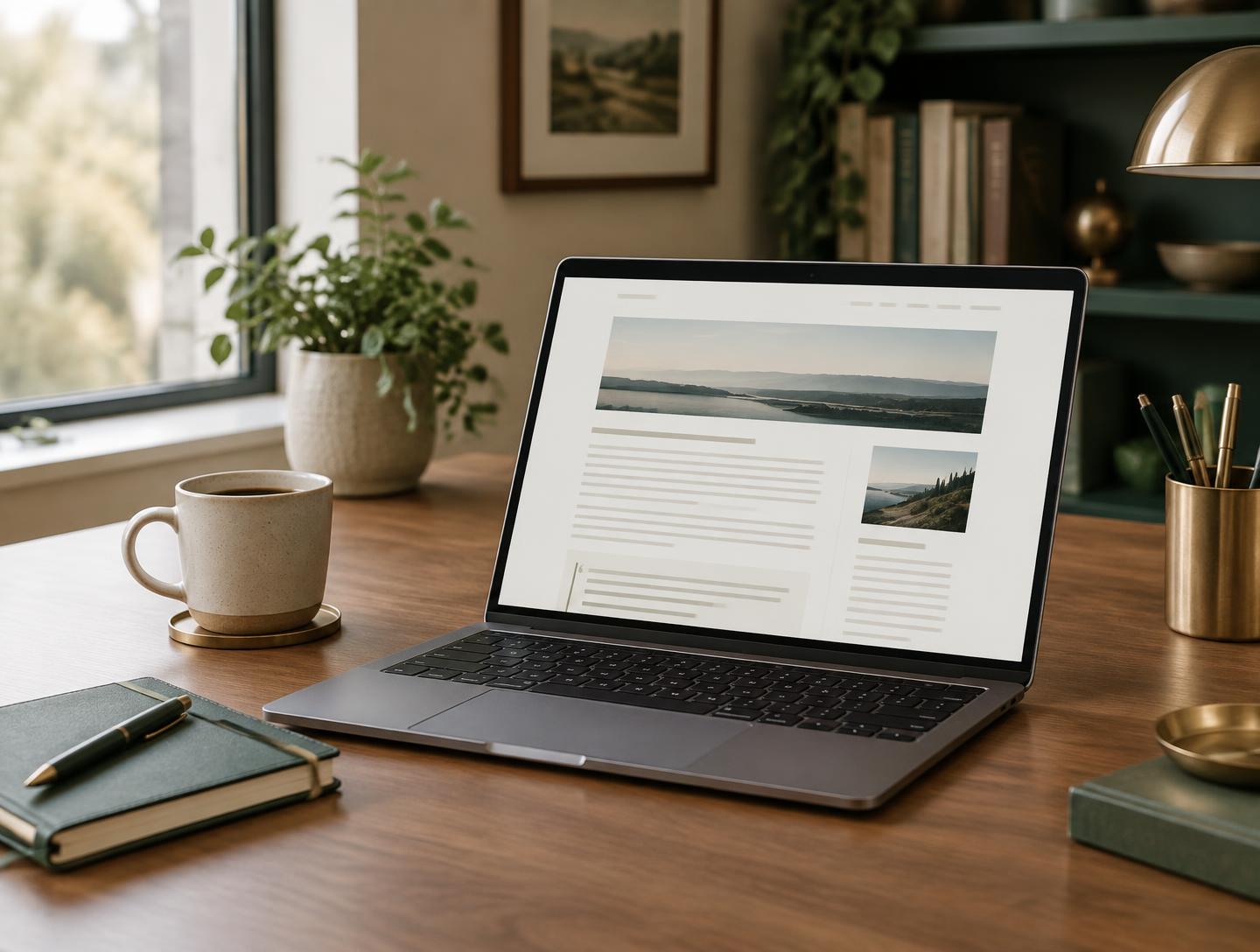 A laptop on a desk in a warm home office showing an article