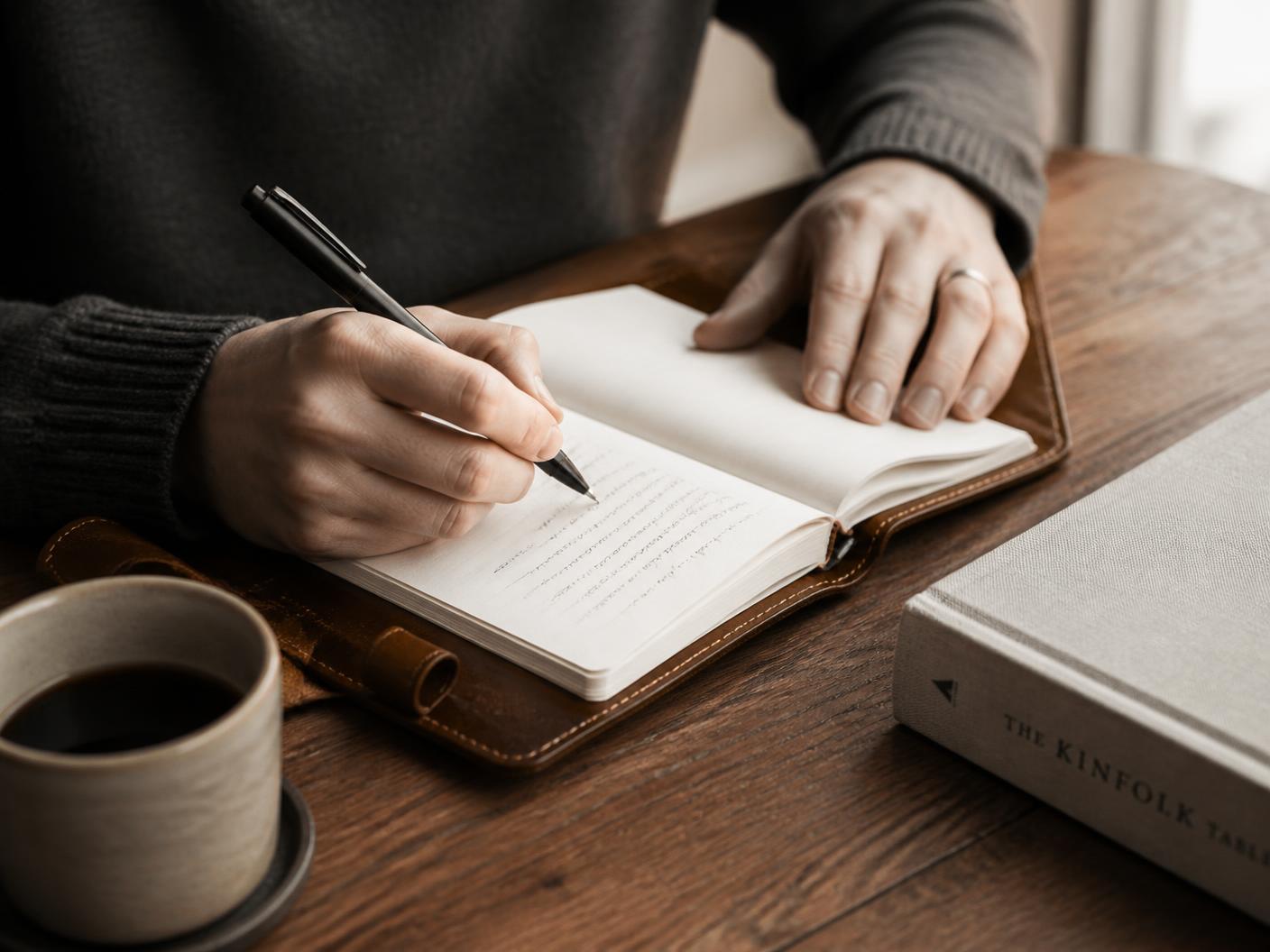 Hands writing notes in a leather notebook beside a book and coffee