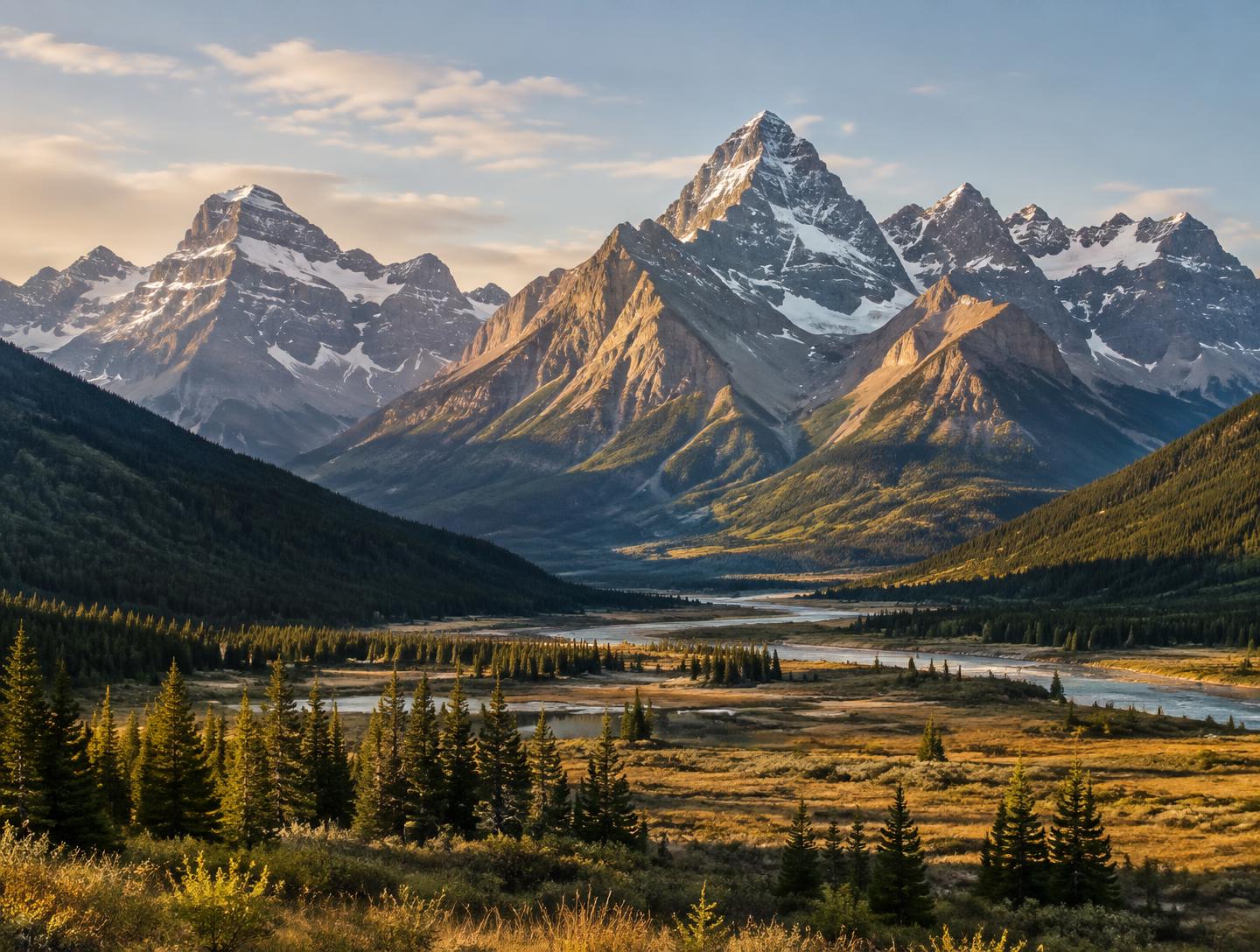 Canadian mountain peaks rising above a clear valley