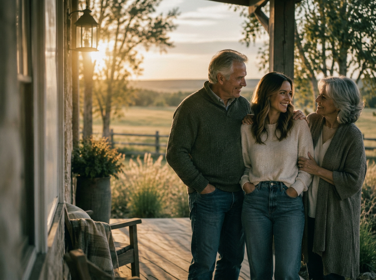 A mature couple with their adult daughter on the porch of a family home at golden hour