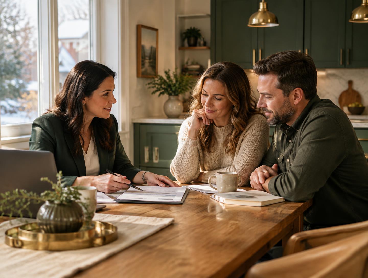 An advisor reviewing a financial plan with a client at a kitchen table