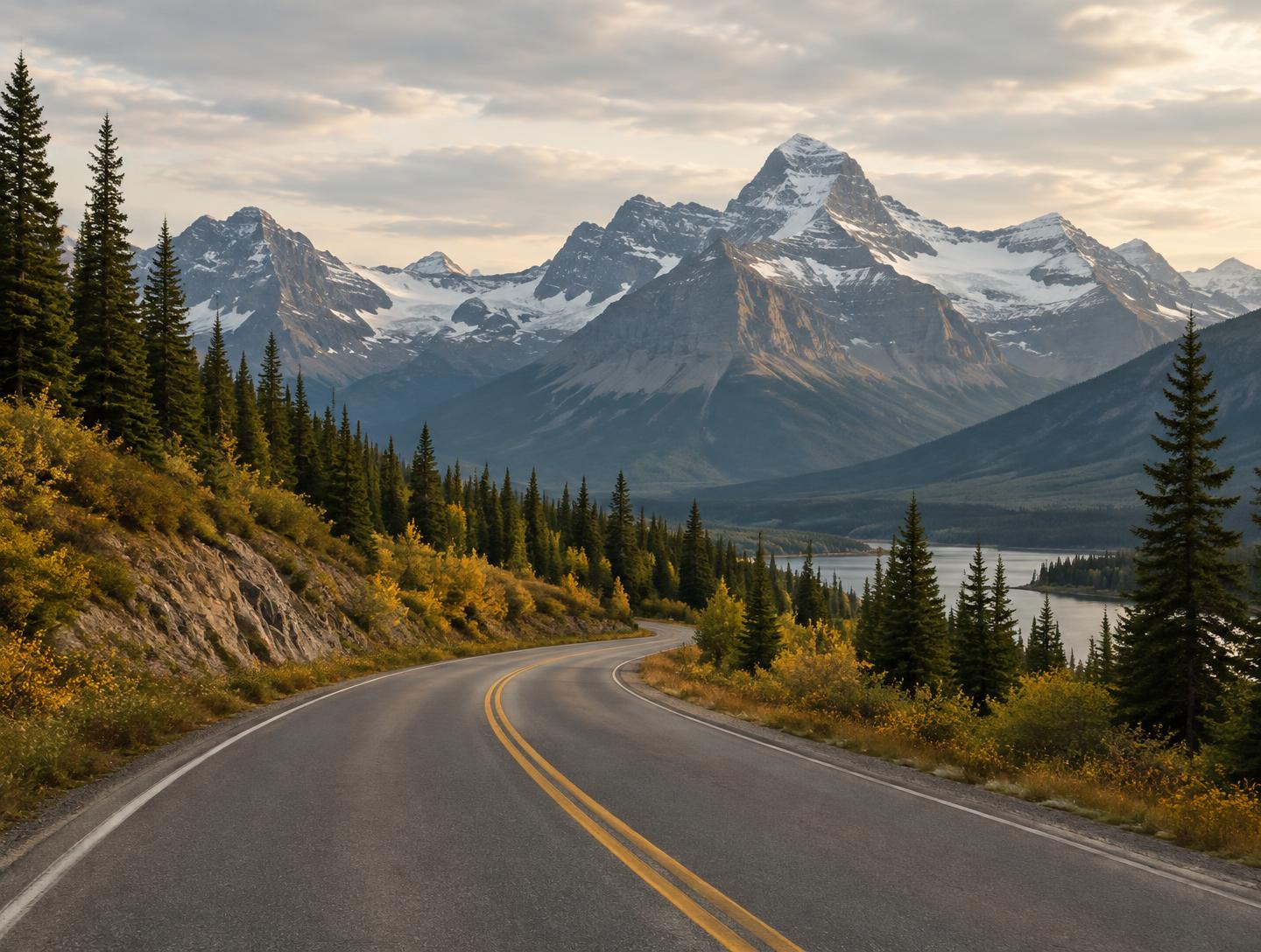 A mountain road winding toward the Canadian Rockies