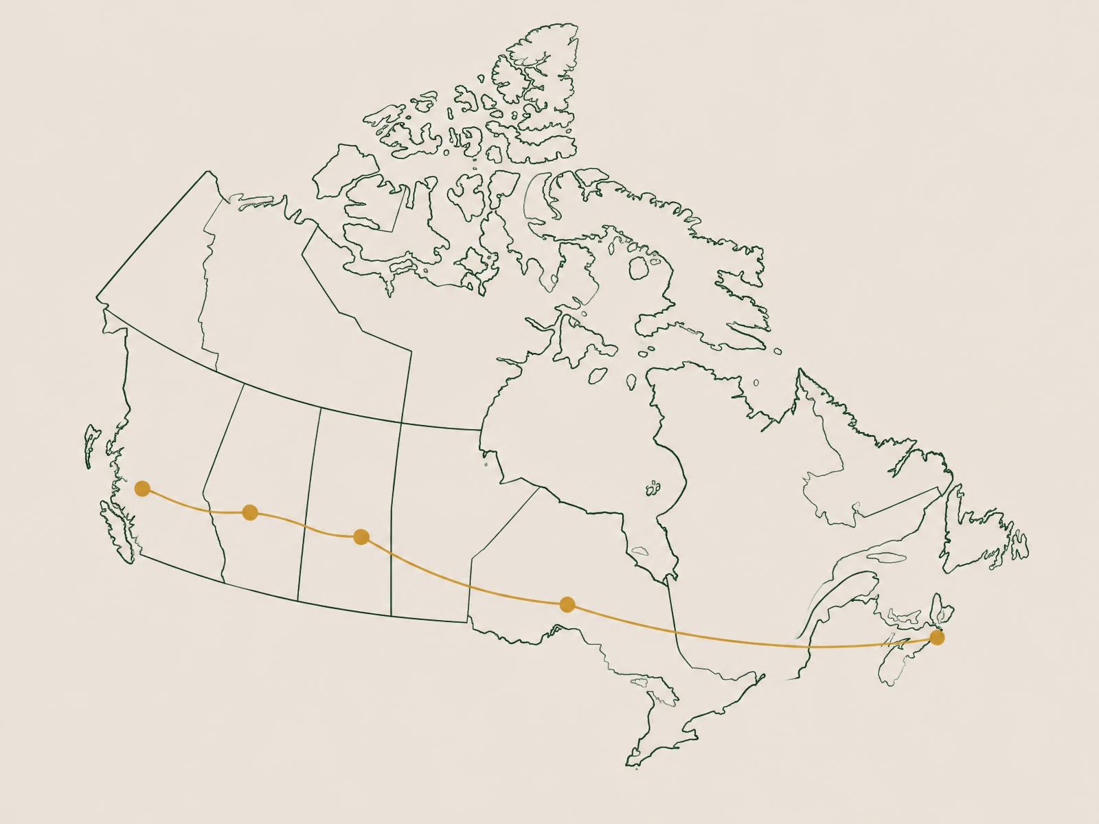 Outline map of Canada marking Alberta, British Columbia, Saskatchewan, Ontario and Nova Scotia, connected west to east